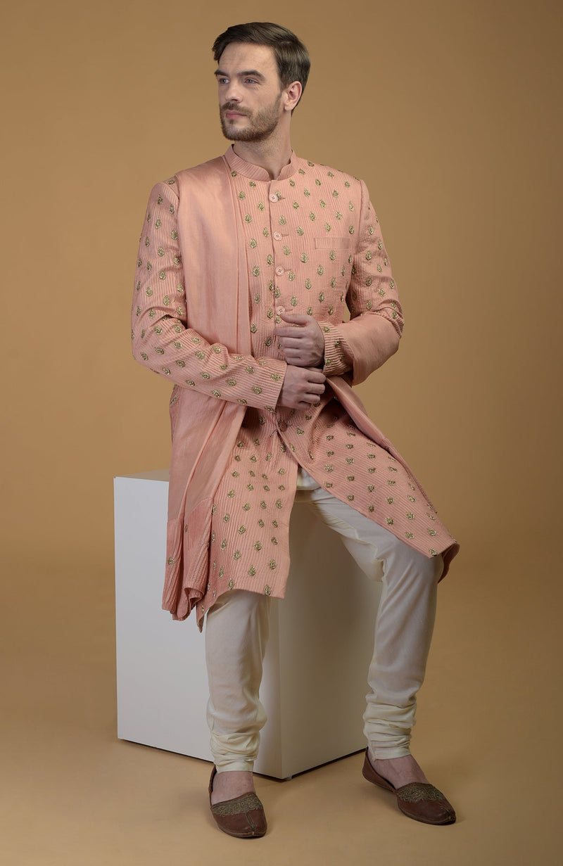Peach Pintuck Zardozi Embroidered Sherwani Set With Dupatta