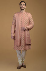 Cream Pintuck Zardozi Embroidered Sherwani Set With Dupatta