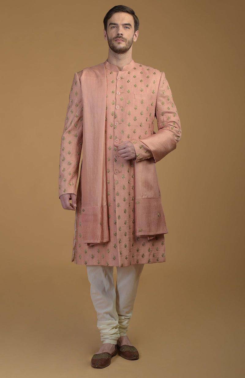 Cream Pintuck Zardozi Embroidered Sherwani Set With Dupatta