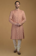 Peach Pintuck Zardozi Embroidered Sherwani Set With Dupatta