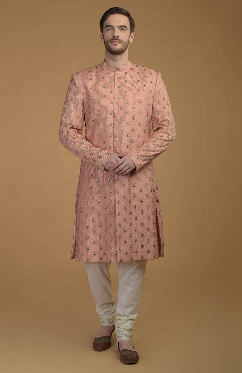 Peach Pintuck Zardozi Embroidered Sherwani Set With Dupatta