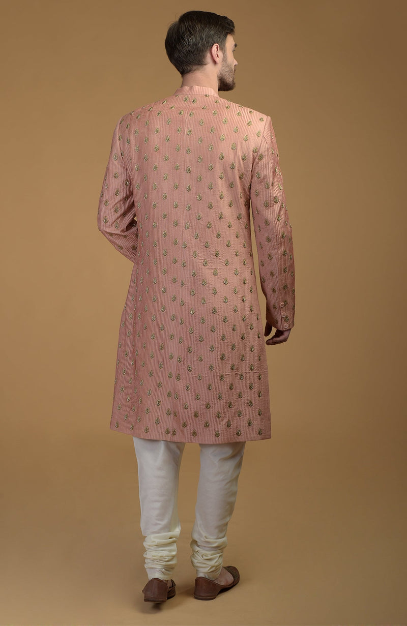 Peach Pintuck Zardozi Embroidered Sherwani Set With Dupatta