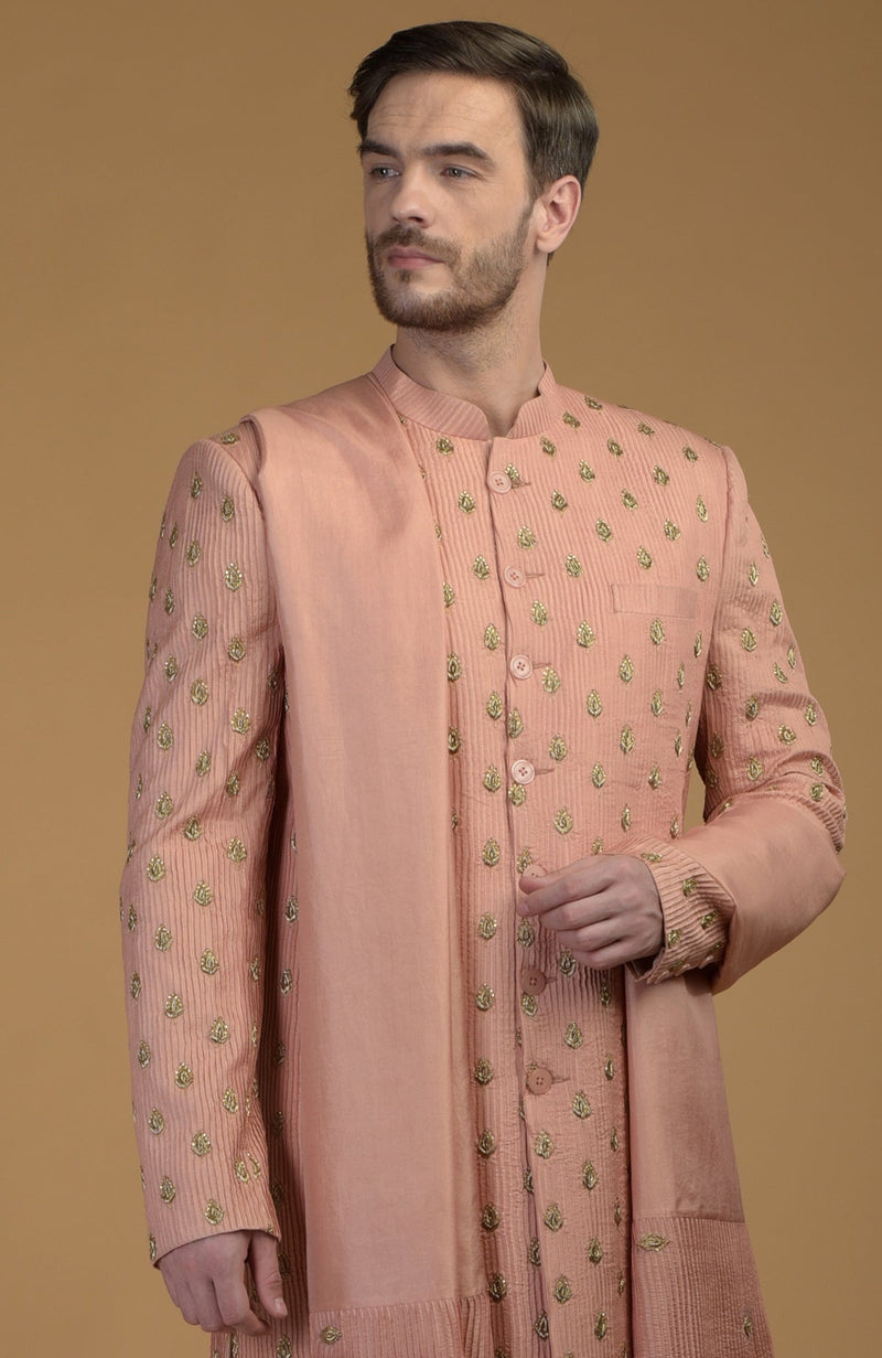 Peach Pintuck Zardozi Embroidered Sherwani Set With Dupatta