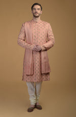 Peach Pintuck Zardozi Embroidered Sherwani Set With Dupatta