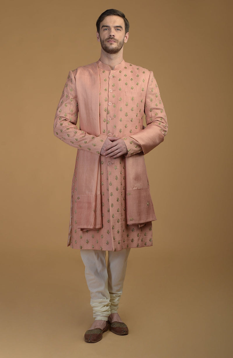 Peach Pintuck Zardozi Embroidered Sherwani Set With Dupatta