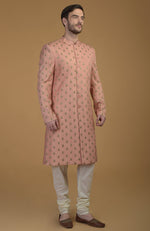 Peach Pintuck Zardozi Embroidered Sherwani Set With Dupatta