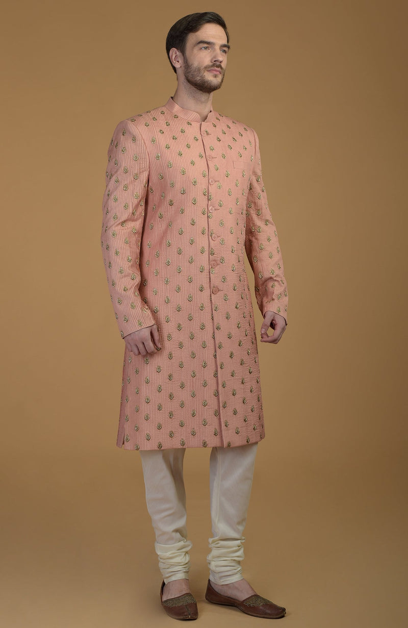 Peach Pintuck Zardozi Embroidered Sherwani Set With Dupatta