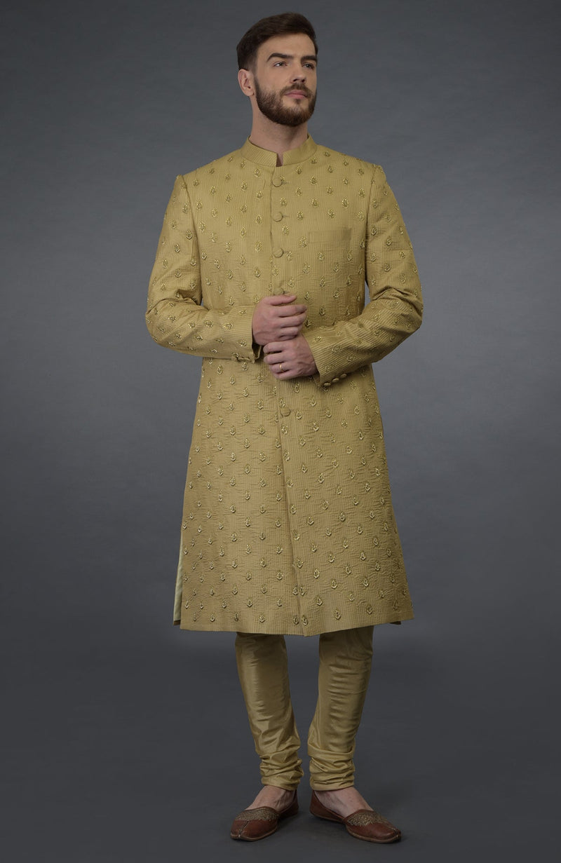 Cream Pintuck Zardozi Embroidered Sherwani Set With Dupatta