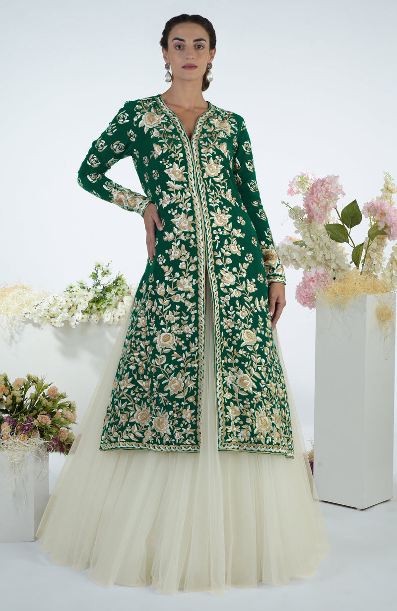 Peacock Pink Floral Parsi Gara Embroidered Jacket Set