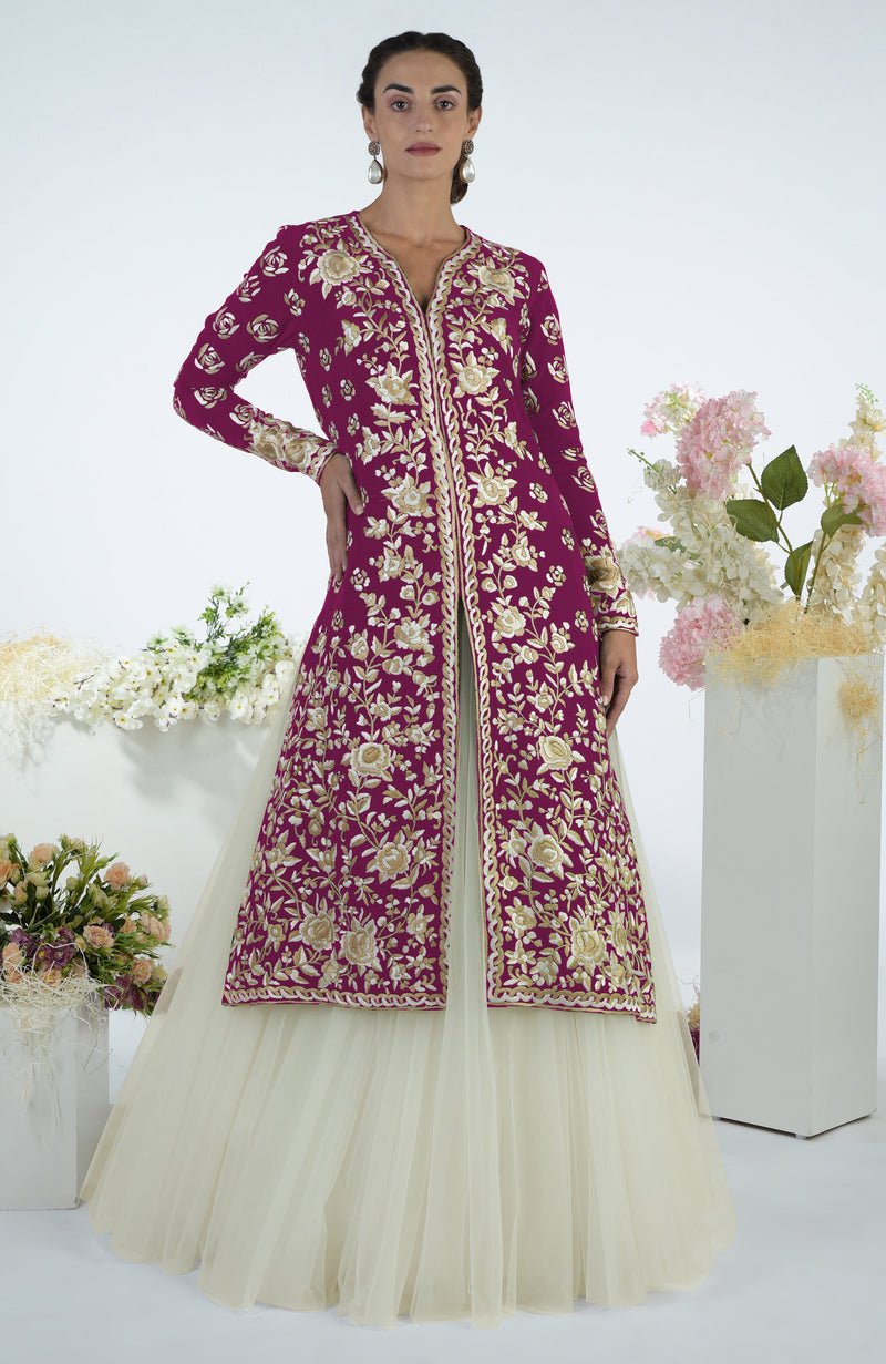 Peacock Pink Floral Parsi Gara Embroidered Jacket Set