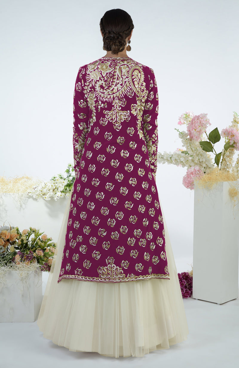 Peacock Pink Floral Parsi Gara Embroidered Jacket Set