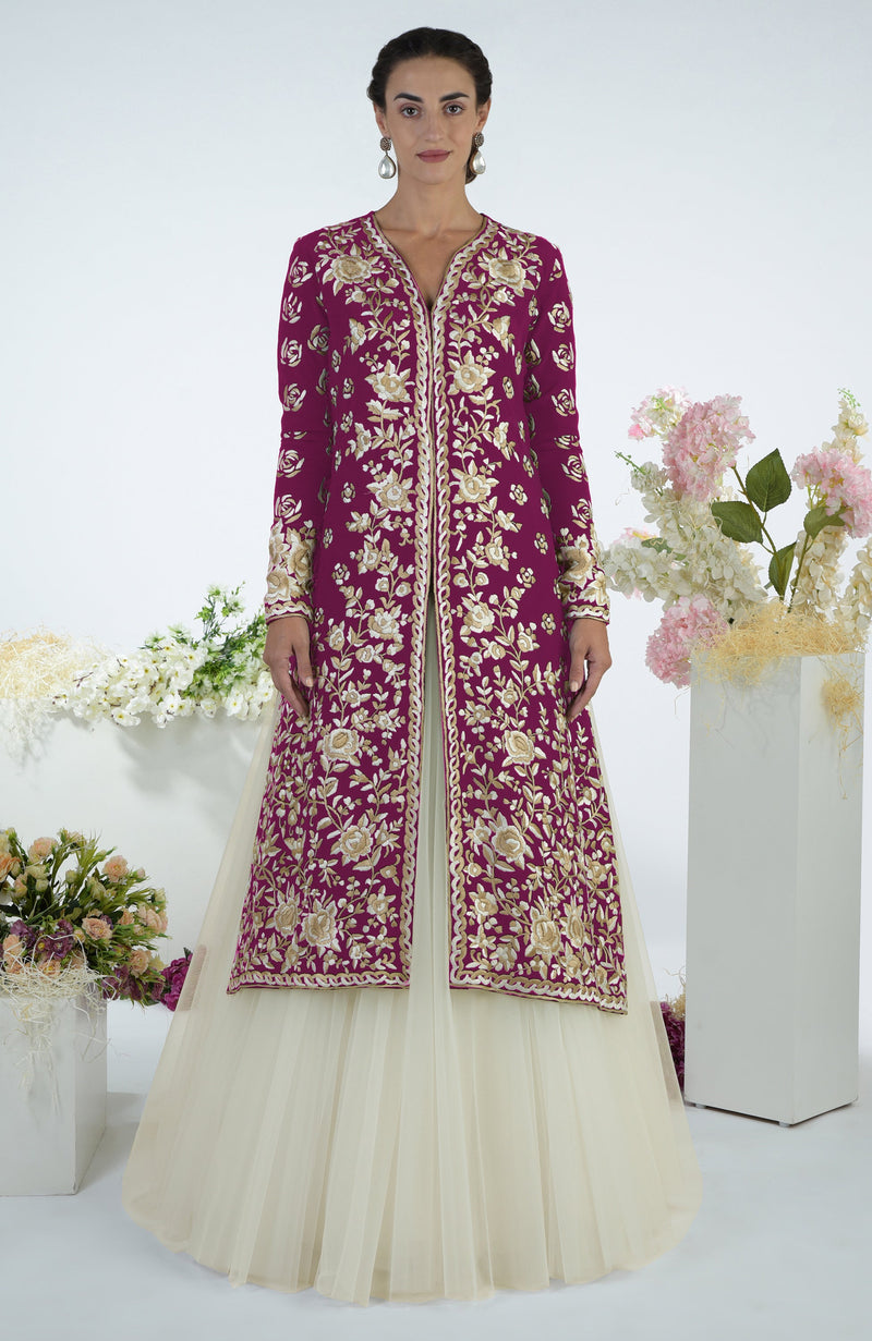 Peacock Pink Floral Parsi Gara Embroidered Jacket Set