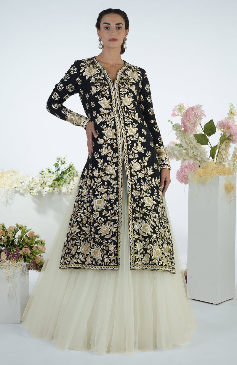 Peacock Pink Floral Parsi Gara Embroidered Jacket Set