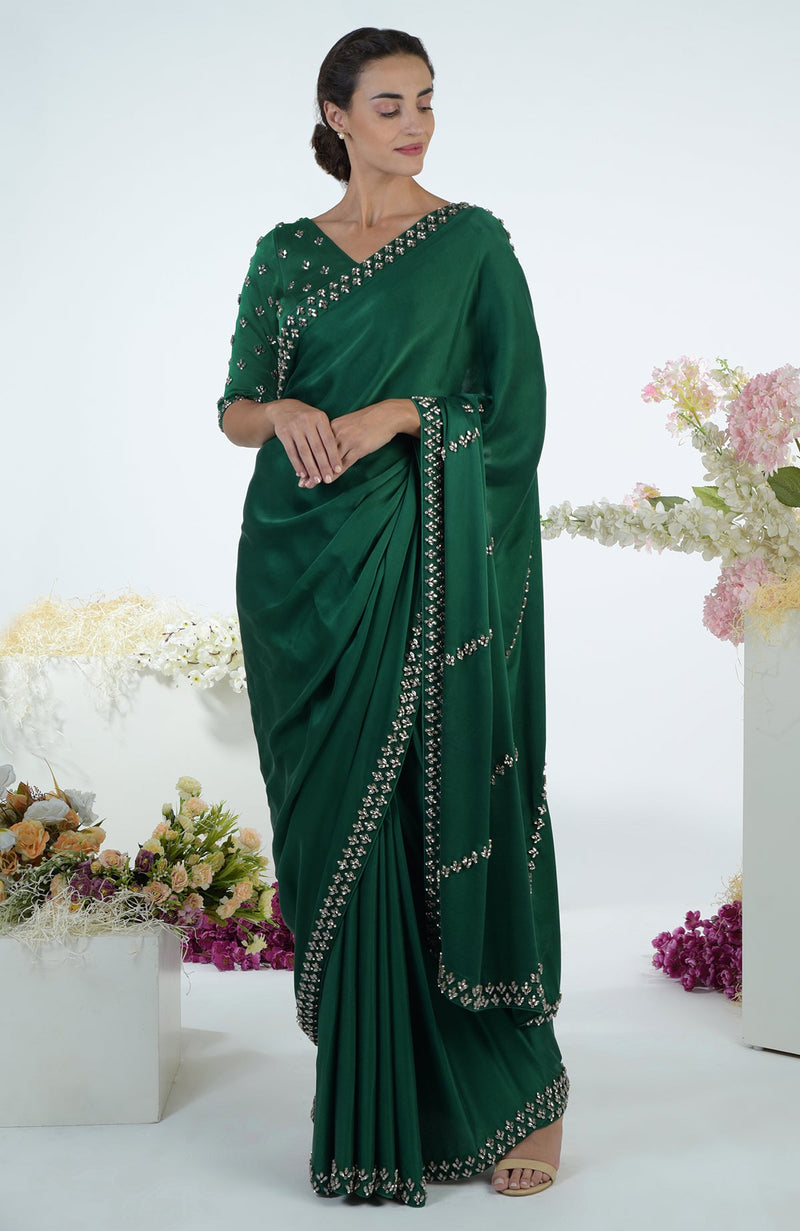 Emerald Green Crystal Hand Embroidered Saree & Blouse