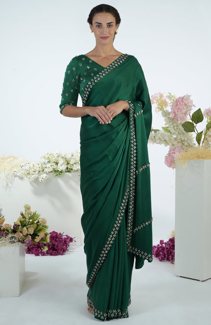 Emerald Green Crystal Hand Embroidered Saree & Blouse