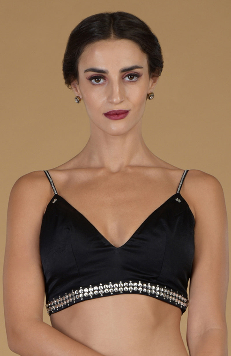 Black Swarovski Embellished  V Neck Blouse