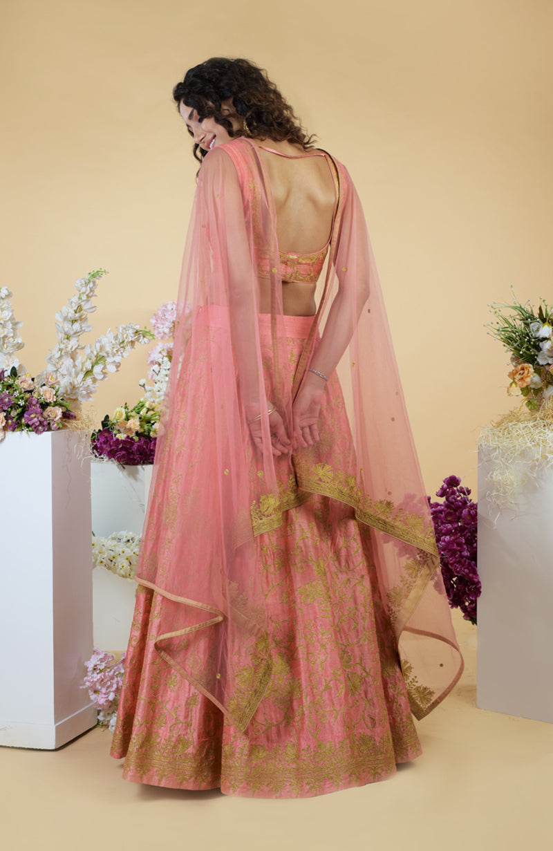 Peach Echo Kashmiri Chinar Tilla Embroidered Lehenga Set