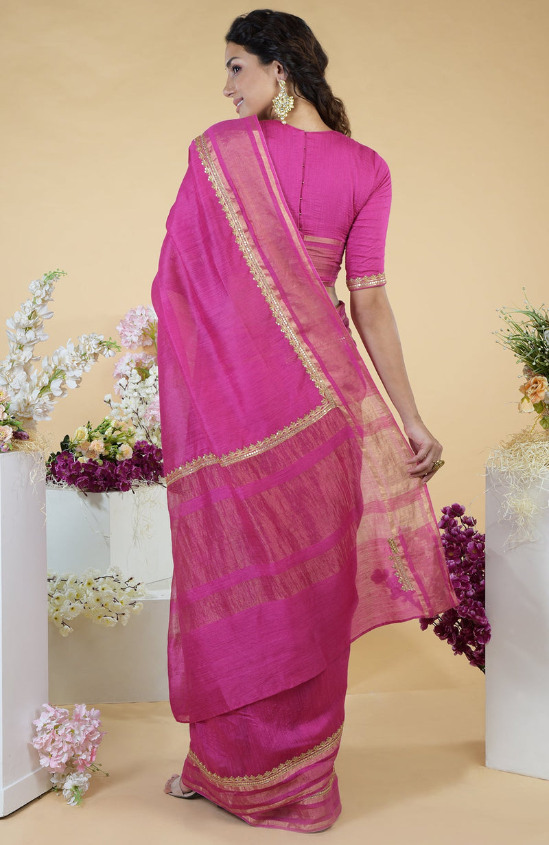 Raspberry Zardozi Hand Embroidered Linen Saree
