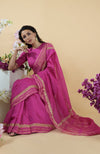 Raspberry Zardozi Hand Embroidered Linen Saree