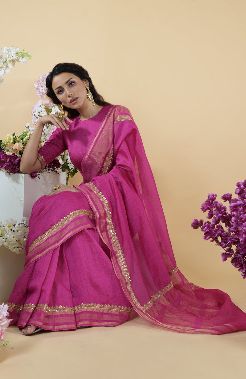 Raspberry Zardozi Hand Embroidered Linen Saree