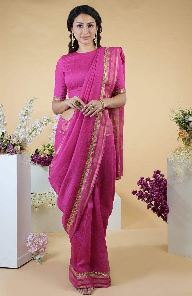 Raspberry Zardozi Hand Embroidered Linen Saree