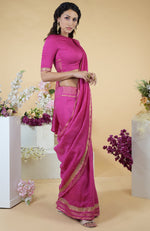 Raspberry Zardozi Hand Embroidered Linen Saree
