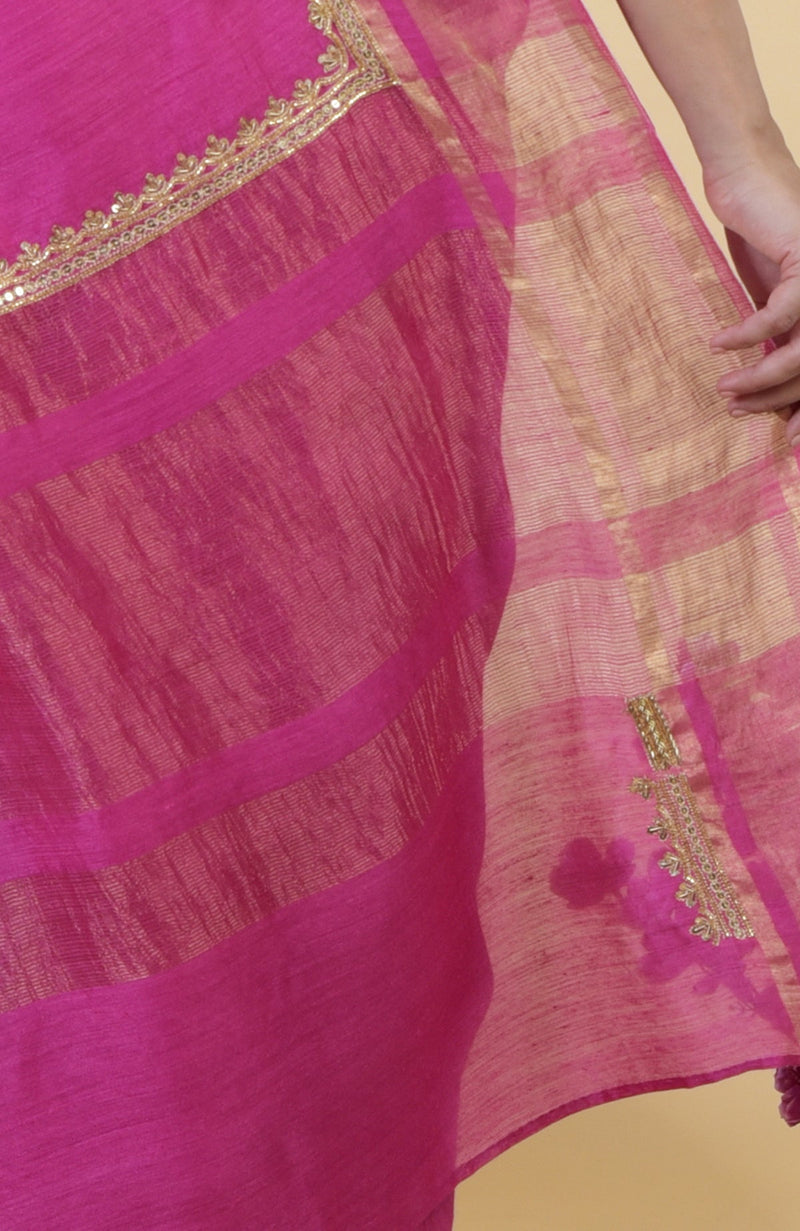 Raspberry Zardozi Hand Embroidered Linen Saree