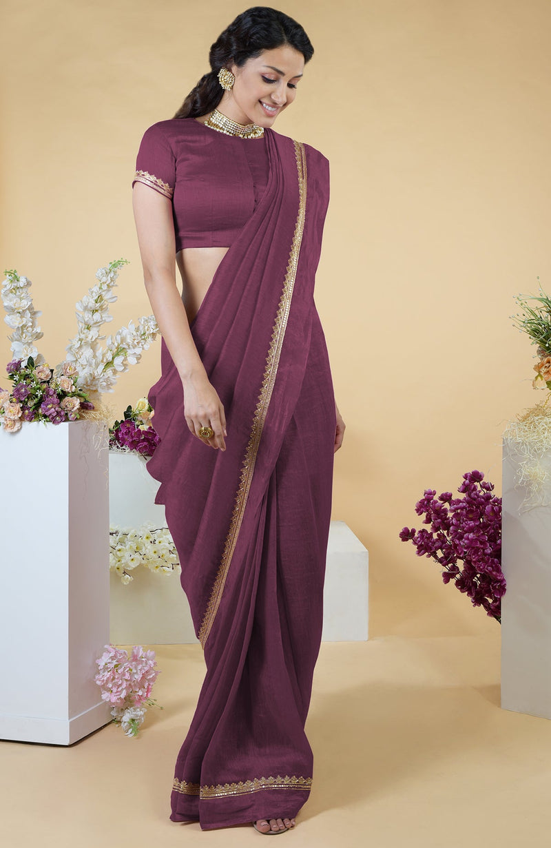 Burgundy Purple Hand Embroidered Linen Saree