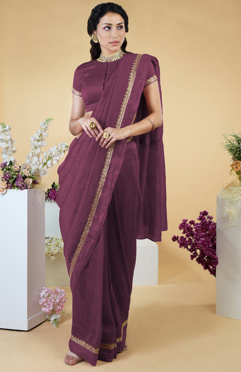 Burgundy Purple Hand Embroidered Linen Saree