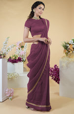 Burgundy Purple Hand Embroidered Linen Saree