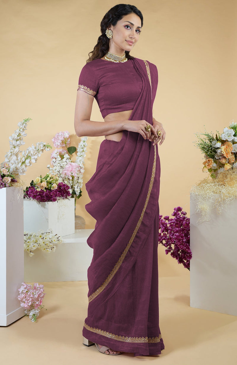 Burgundy Purple Hand Embroidered Linen Saree
