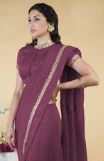Burgundy Purple Hand Embroidered Linen Saree
