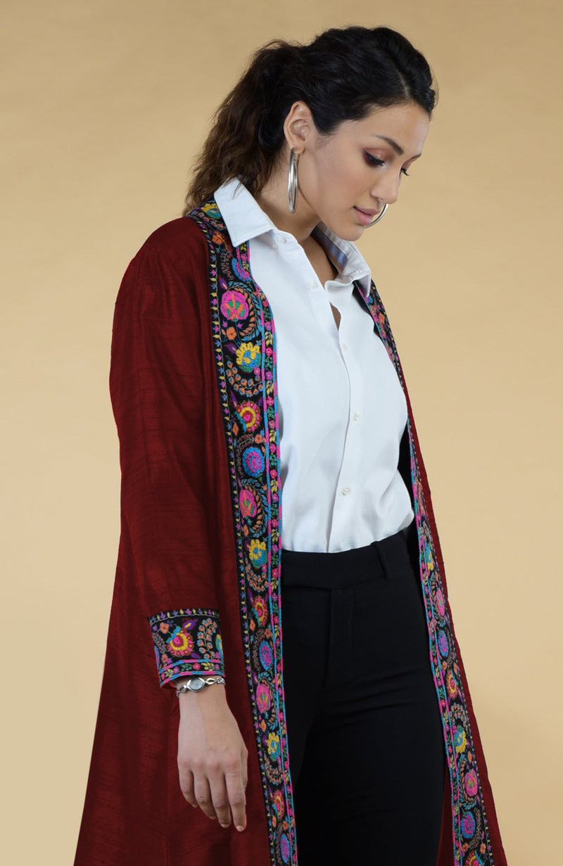 Maroon Kashmiri Kashidakari Hand Embroidered Kimono Jacket