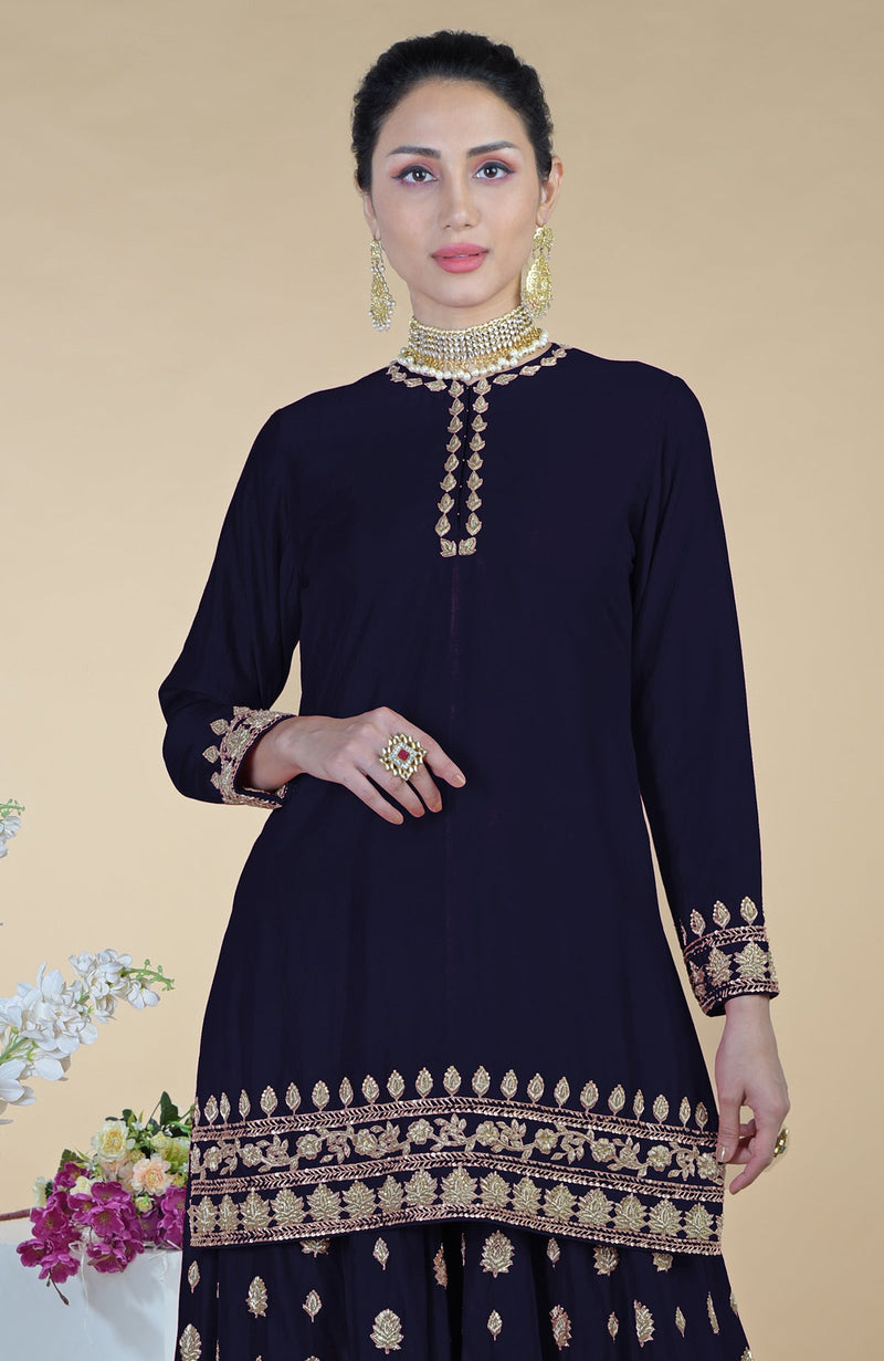 Midnight Blue Zardozi Dabka Hand Embroidered Sharara Set