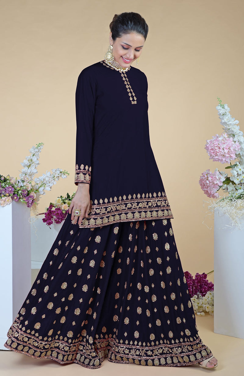 Midnight Blue Zardozi Dabka Hand Embroidered Sharara Set
