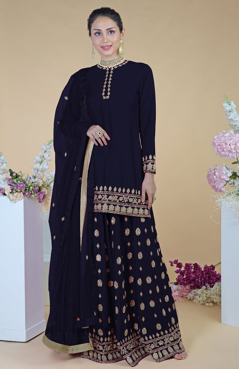 Midnight Blue Zardozi Dabka Hand Embroidered Sharara Set
