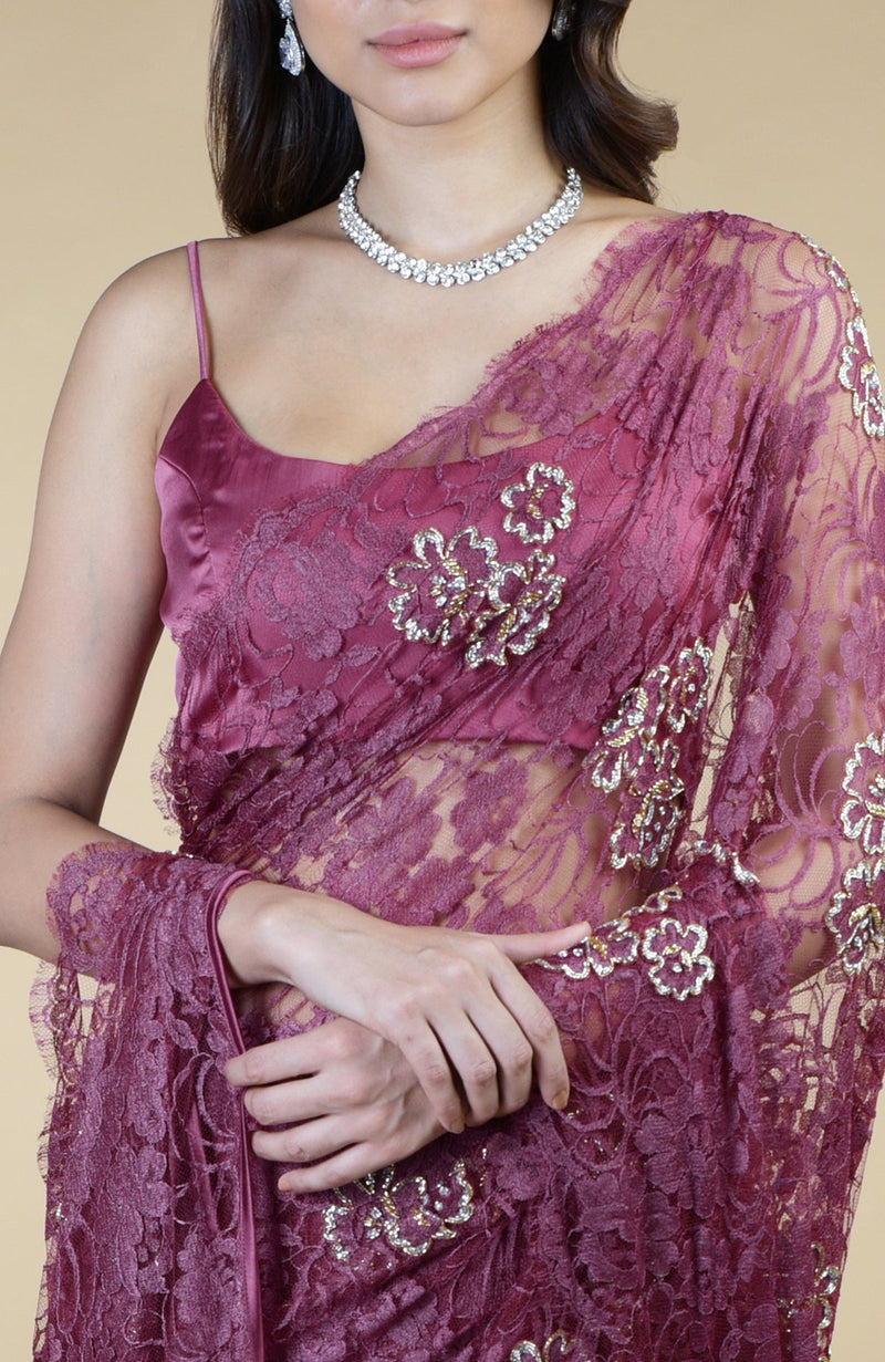 Wine French Chantilly Hand Embroidered Saree