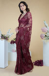 Burgundy French Chantilly Hand Embroidered Saree