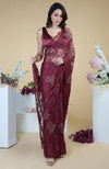 Burgundy French Chantilly Hand Embroidered Saree