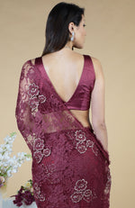 Burgundy French Chantilly Hand Embroidered Saree