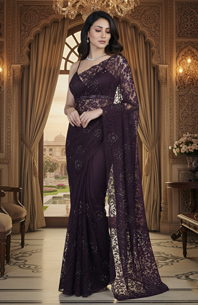 Blackberry Wine French Chantilly Lace Swarovski Crystal Saree With Embellished Blouse