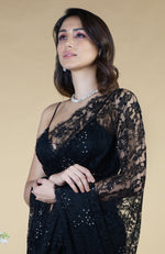 Black French Chantilly Lace Swarovski Crystal Saree With Embellished Blouse