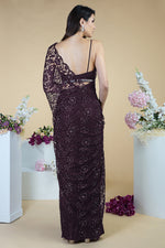 Blackberry Wine French Chantilly Lace Swarovski Crystal Saree With Embellished Blouse