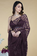 Blackberry Wine French Chantilly Lace Swarovski Crystal Saree With Embellished Blouse