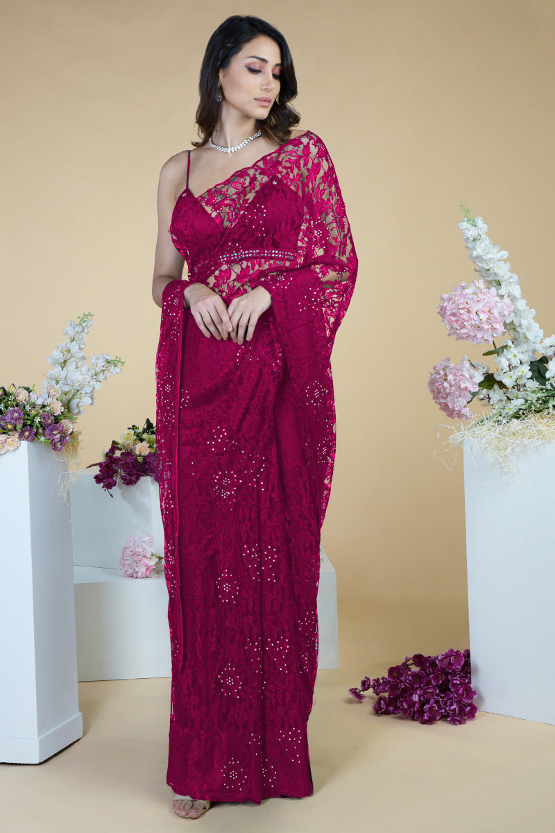 Blackberry Wine French Chantilly Lace Swarovski Crystal Saree With Embellished Blouse