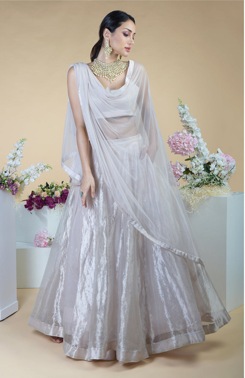 Silver Tissue Circular Flare Lehenga Set