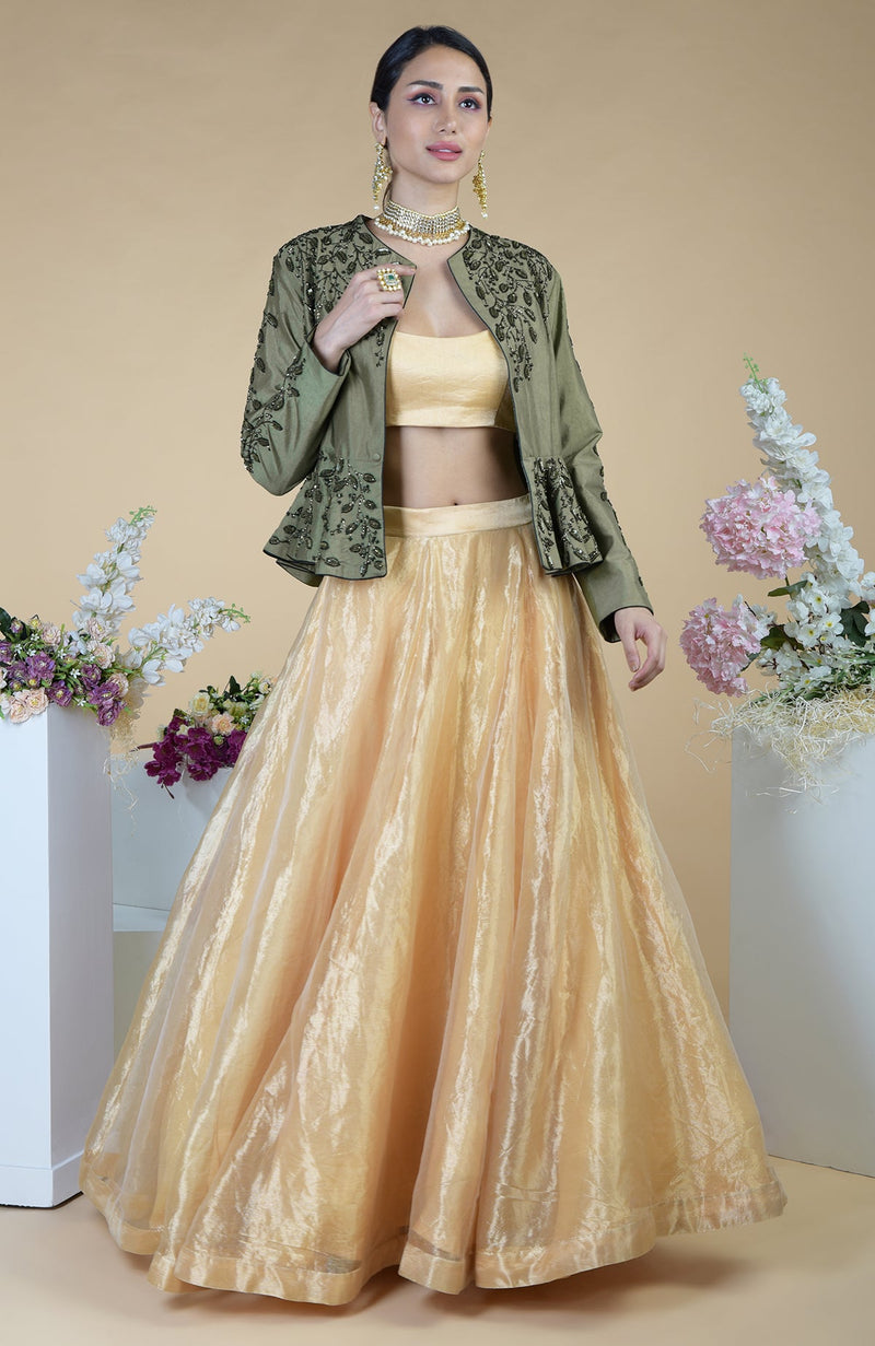 Dark Foliage Hand Embroidered Peplum & Skirt Set