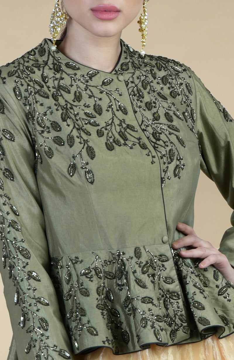 Dark Foliage Hand Embroidered Peplum & Skirt Set