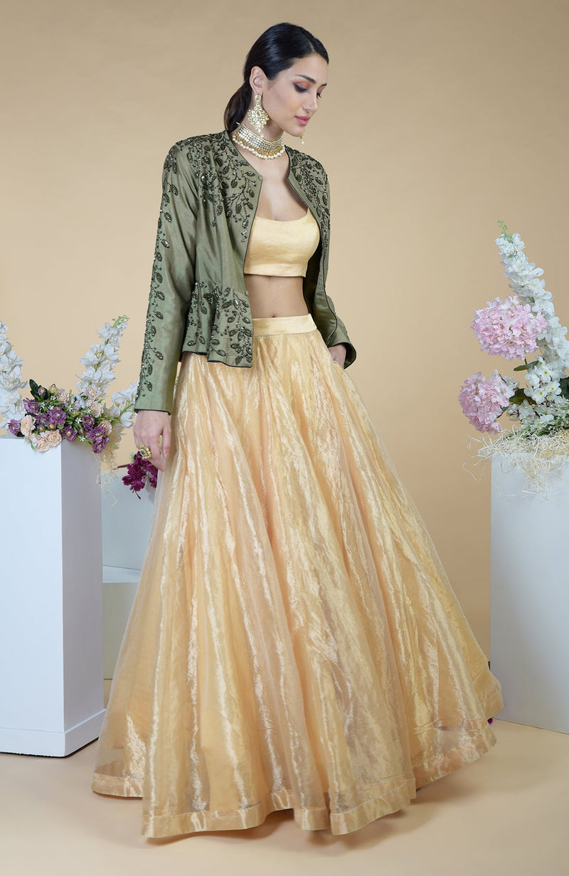 Dark Foliage Hand Embroidered Peplum & Skirt Set