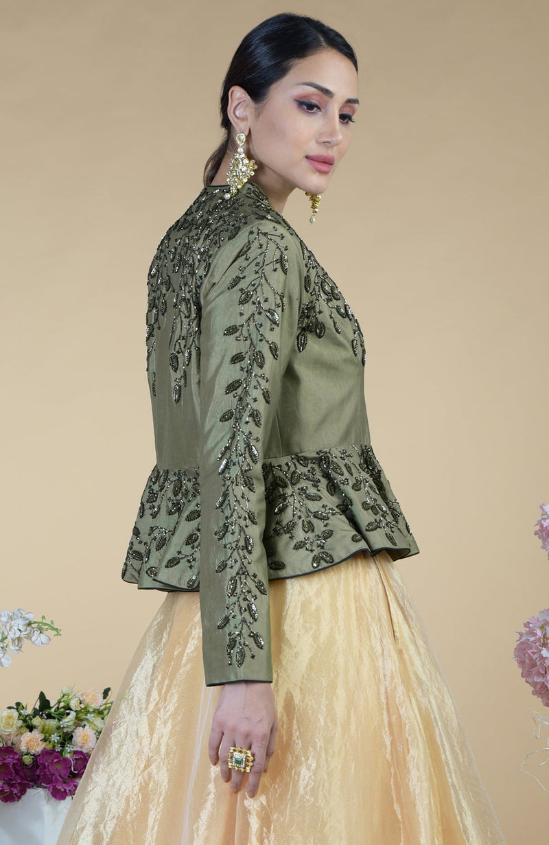 Dark Foliage Hand Embroidered Peplum & Skirt Set